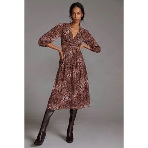 Anthropologie Ranna Gill Animal Print Draped Cutout Midi Dress Cocktail Stylish